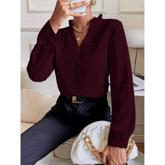 Ruffled collar v neck long sleeve blouse - Picture 1 of 3